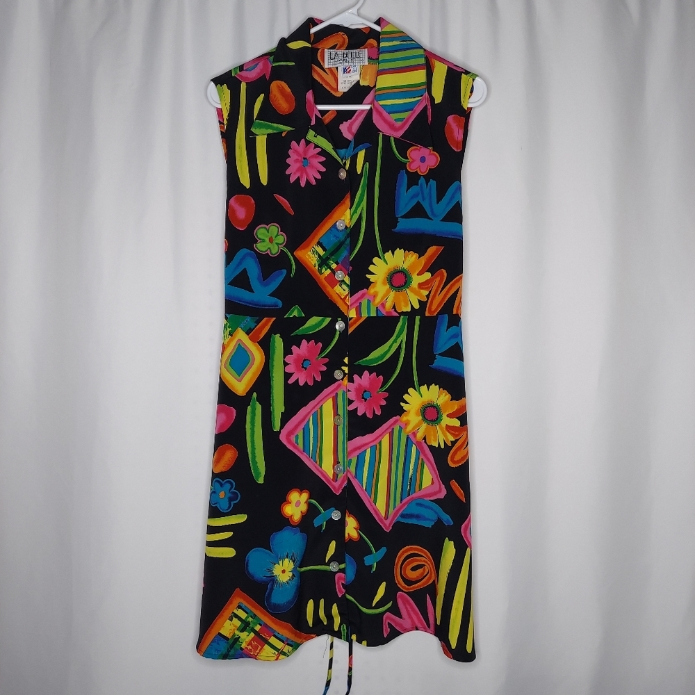 90's Vtg LABelle Button Collar Dress Multicolor Print Tie Sleeveless Midi 13 USA - Picture 11 of 12
